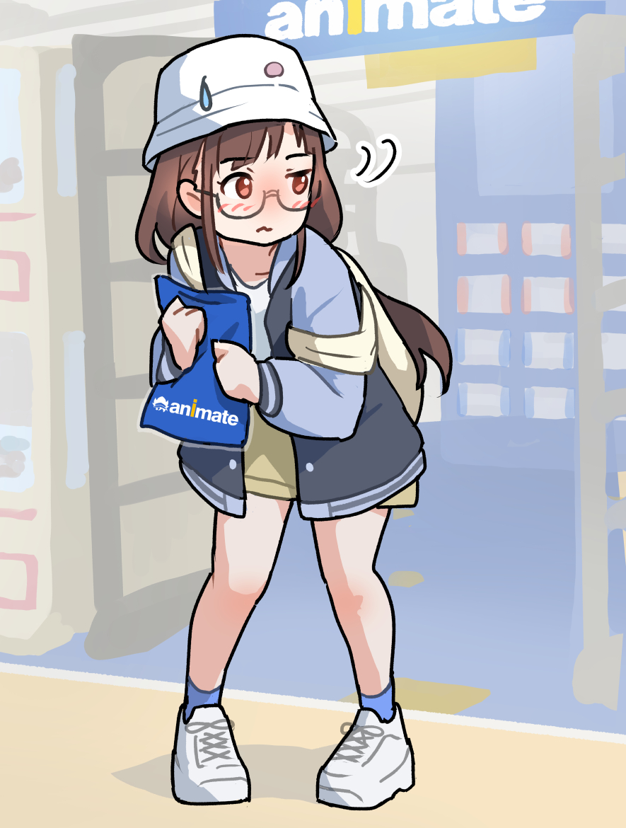 1girl animate_(company) backpack bag black_jacket blue_socks brown_hair holding holding_bag idolmaster idolmaster_shiny_colors jacket long_hair looking_to_the_side oishi_oiru raglan_sleeves red_eyes shoes shopping_bag sneakers socks solo sonoda_chiyoko white_bag white_footwear white_headwear