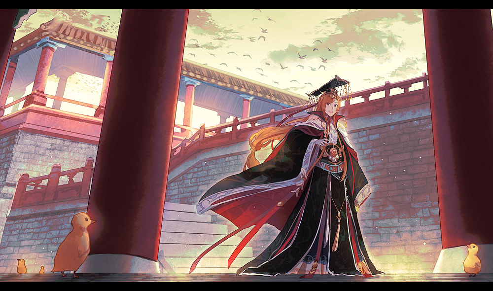 1boy :d architecture bird black_headwear black_robe brick_wall brown_eyes cape chinese_clothes clouds duck duckling east_asian_architecture full_body hanfu king letterboxed long_hair looking_at_animal male_focus mian_guan orange_hair outdoors peking_duck_(the_tale_of_food) pillar railing robe smile solo stairs standing swept_bangs tassel teeth the_tale_of_food toruglose two-sided_cape two-sided_fabric upper_teeth_only white_cape wide_sleeves