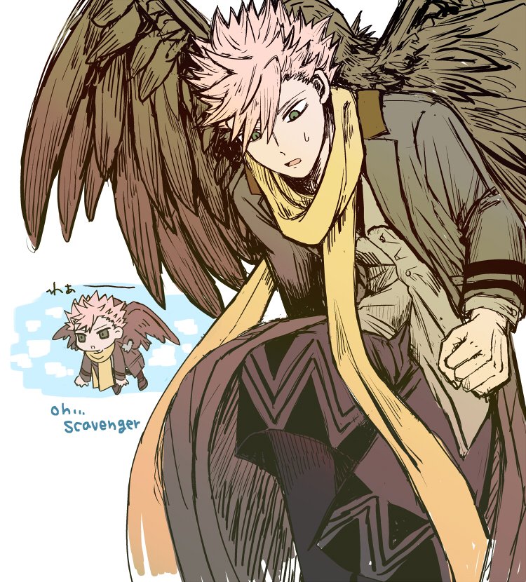 1boy bird buttons clenched_hand commentary_request english_text feathered_wings green_eyes id_:invaded lapels long_sleeves open_mouth scarf short_hair solo wings yashi_ur yellow_scarf