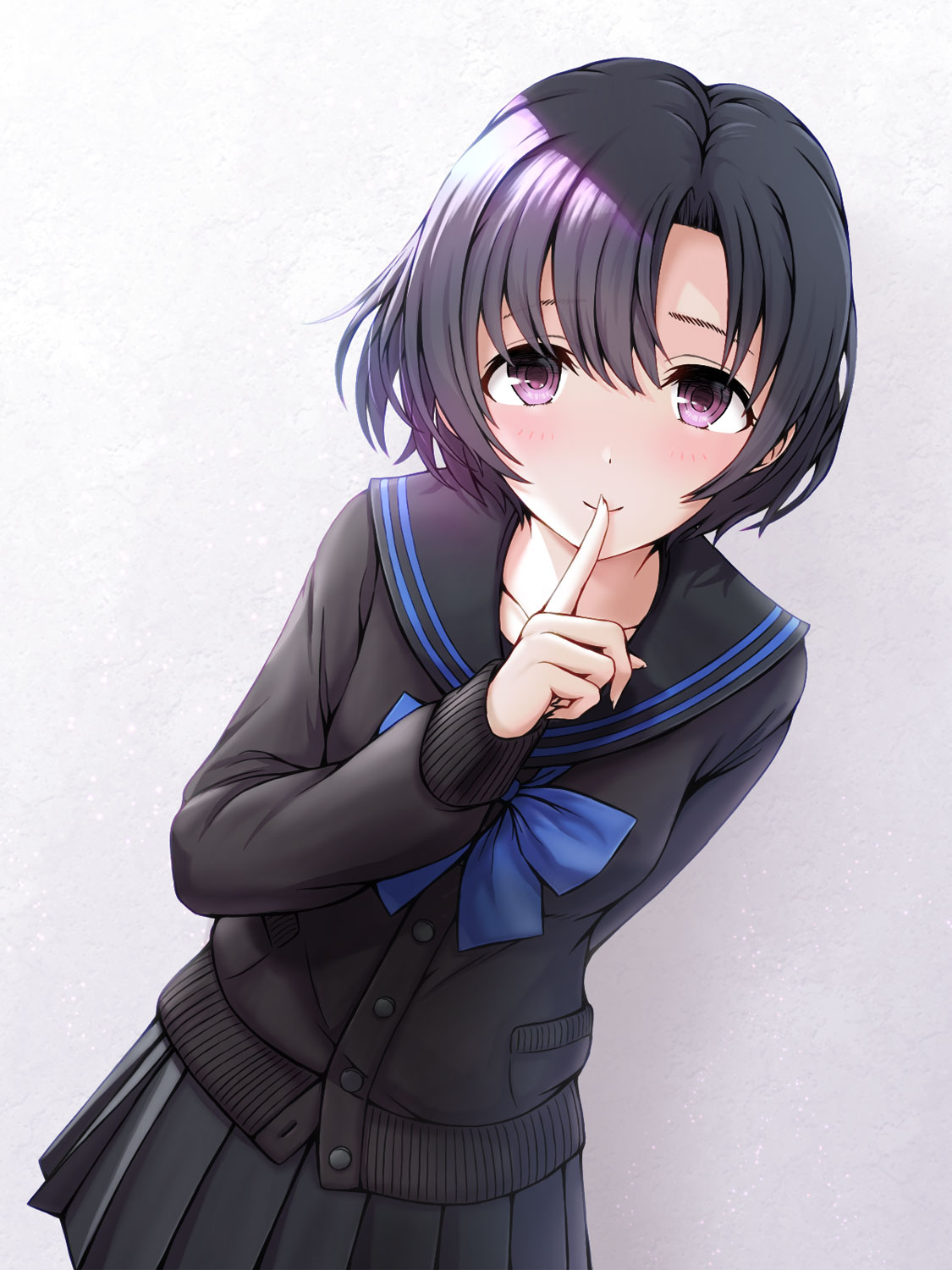 1girl black_cardigan black_hair black_sailor_collar black_skirt blue_bow blue_bowtie blush bow bowtie cardigan closed_mouth collarbone dot_nose finger_to_mouth grey_background hand_up haua highres idolmaster idolmaster_cinderella_girls idolmaster_cinderella_girls_starlight_stage index_finger_raised leaning_forward looking_at_viewer partially_unbuttoned pleated_skirt sailor_collar school_uniform shiragiku_hotaru short_hair simple_background skirt smile solo violet_eyes