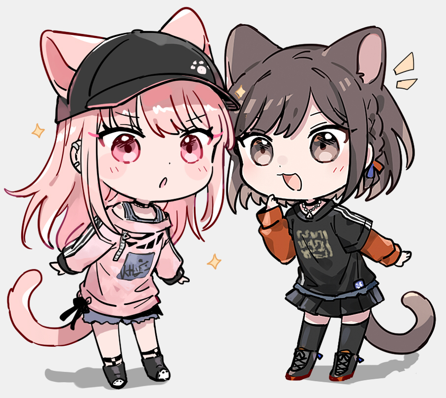 1girl 1other akiyama_mizuki androgynous animal_ears arm_up baseball_cap black_choker black_footwear black_headwear black_ribbon black_shirt black_shorts black_skirt black_socks blush_stickers braid brown_eyes brown_hair casual cat_ears cat_girl cat_tail chibi choker clothes_writing commentary dot_nose earclip ears_through_headwear frilled_choker frilled_shorts frills full_body gradient_eyes grey_stripes hair_down hair_ornament hand_on_own_face hand_up hat jewelry kaesmedubu kemonomimi_mode kneehighs layered_sleeves light_blush long_hair long_sleeves looking_at_viewer multicolored_eyes necklace notice_lines off-shoulder_shirt off_shoulder open_mouth paw_print pink_eyes pink_hair pink_shirt pleated_skirt print_shirt project_sekai ribbon shinonome_ena shirt short_hair short_over_long_sleeves short_sleeves shorts side_braid simple_background single_braid skirt sleeve_cuffs socks sparkle streetwear striped swept_bangs symbol-only_commentary t-shirt tail wavy_mouth white_background white_stripes