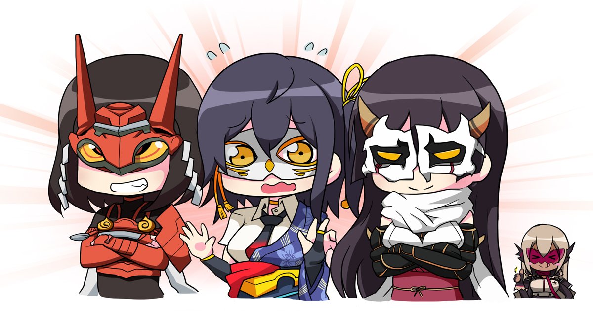 4girls arm_warmers armor black_hair blonde_hair blue_hair blue_kimono bridal_gauntlets chibi clenched_teeth crossed_arms daihannya_nagamitsu_(tenka_hyakken) doujigiri_yasutsuna flying_sweatdrops hands_up japanese_armor japanese_clothes kimono kote long_hair mask medium_hair multiple_girls necktie obi obijime oni_mask orange-bird raikirimaru sash scarf short_sleeves shoulder_armor single_bridal_gauntlet single_off_shoulder smile taroutachi teeth tenka_hyakken thumbs_up triangular_eyewear white_scarf yellow_eyes