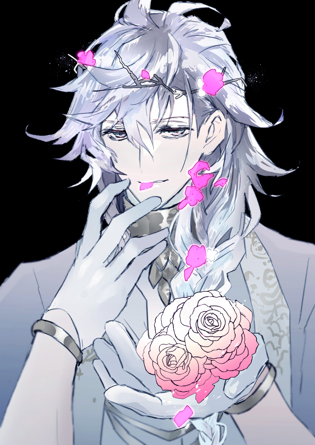 1boy ahoge black_background bracelet braid fate/grand_order fate_(series) flower gloves head_wreath highres jewelry long_hair looking_at_viewer male_focus merlin_(fate) merlin_(overnight_dream)_(fate) petals pink_flower pink_rose rose rose_petals simple_background single_braid solo upper_body user_ccgs5255 very_long_hair white_gloves white_hair