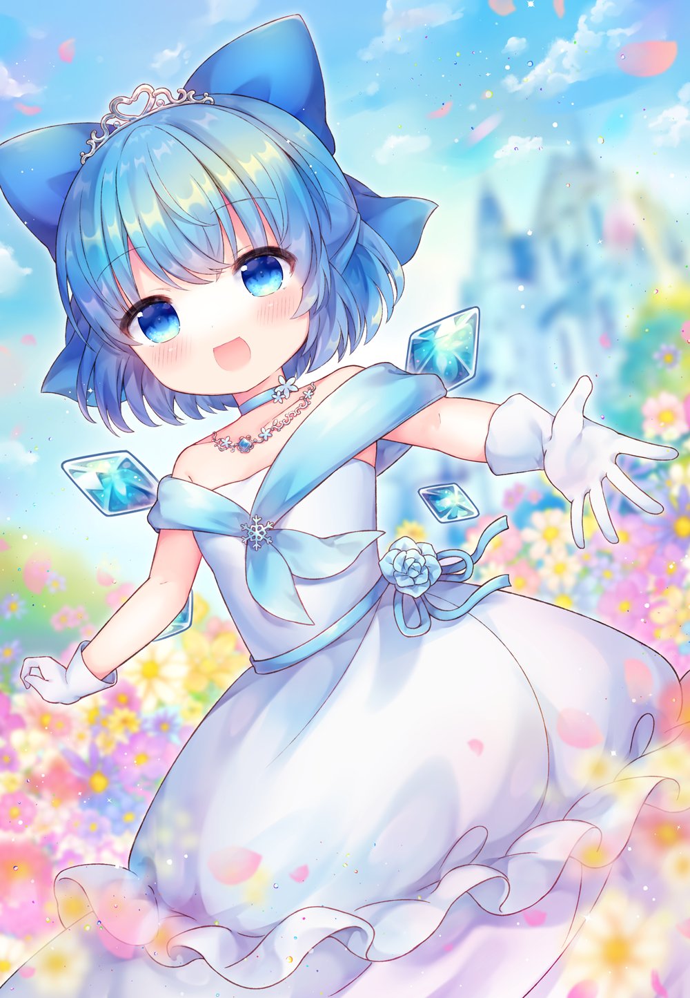 1girl blue_bow blue_choker blue_eyes blue_flower blue_hair blush bow choker cirno coa_(chroo_x) collarbone day detached_wings dress fairy flower gloves hair_bow highres ice ice_wings looking_at_viewer open_mouth petals pink_flower purple_flower red_flower short_hair smile solo touhou wedding_dress white_dress white_flower white_gloves wings