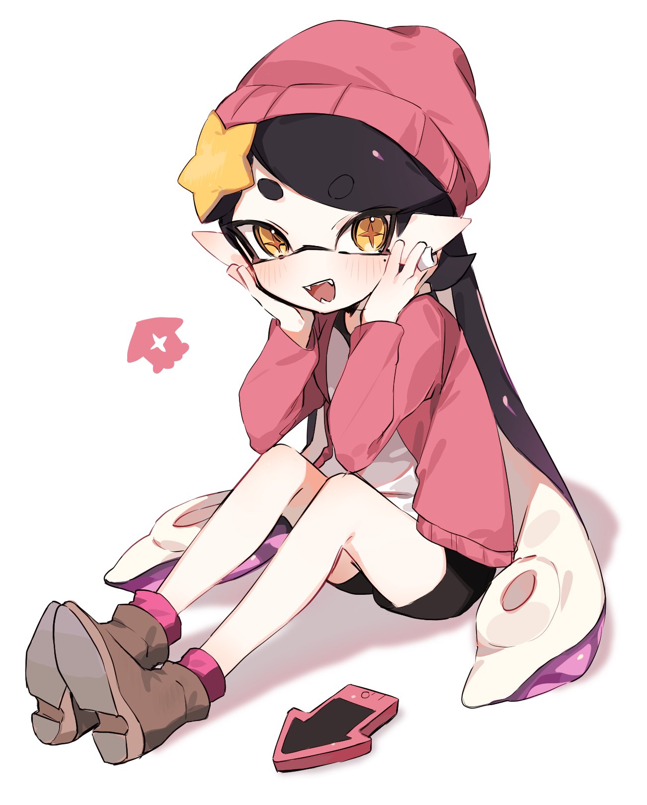 1girl :d beanie black_hair black_shorts blush boots brown_footwear callie_(splatoon) cellphone commentary_request cross-shaped_pupils earrings fangs gradient_hair hair_ornament hands_on_own_face hands_up hat highres ika_esu jacket jewelry knees_up long_hair long_sleeves looking_at_viewer mole mole_under_eye multicolored_hair open_clothes open_jacket open_mouth parted_bangs phone pink_hair pink_headwear pink_jacket pink_socks pointy_ears purple_hair shadow shirt short_eyebrows short_shorts shorts simple_background single_earring sitting smartphone smile socks solo splatoon_(series) splatoon_1 star_(symbol) star_hair_ornament suction_cups swept_bangs symbol-shaped_pupils teeth tentacle_hair thick_eyebrows v-shaped_eyebrows very_long_hair white_background white_shirt yellow_eyes