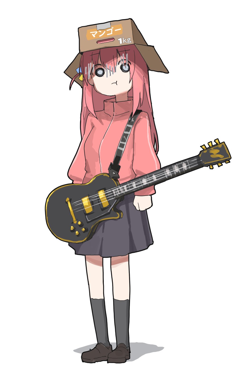 1girl black_socks bocchi_the_rock! box brown_footwear cardboard_box commentary_request cube_hair_ornament electric_guitar full_body gibson_les_paul gotou_hitori grey_skirt guitar hair_between_eyes hair_ornament highres instrument jacket loafers long_hair long_sleeves looking_at_viewer natsuyamai one_side_up pink_hair pink_jacket pleated_skirt pout shoes simple_background skirt socks solo standing track_jacket white_background