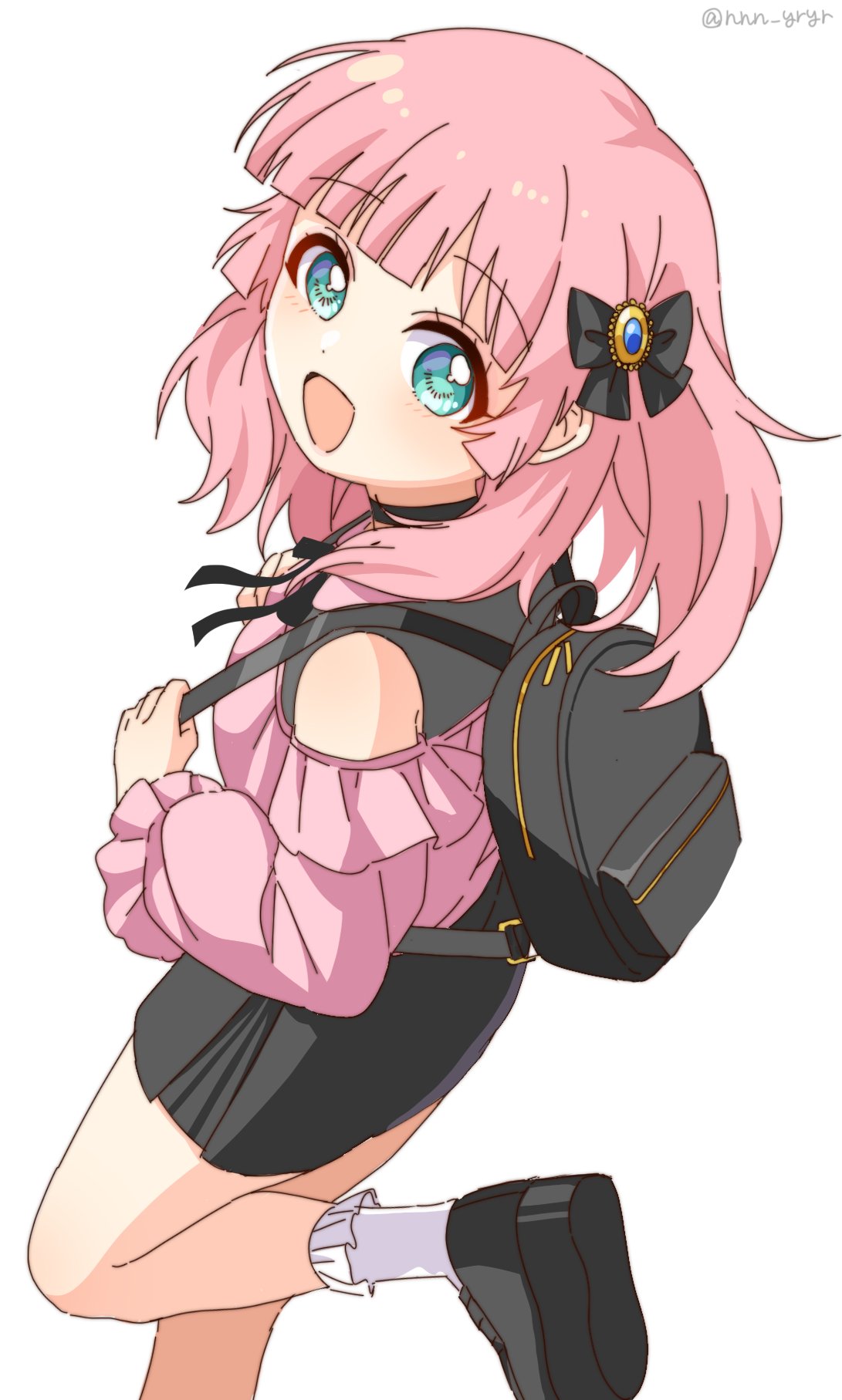 1girl :d alternate_costume backpack bag black_bag black_bow black_choker black_footwear black_skirt blue_eyes blush bow choker frilled_shirt frilled_socks frills hair_bow hair_down highres holding_strap jirai_kei long_sleeves looking_at_viewer nnn_yryr open_mouth pink_hair pink_shirt platform_footwear shirt simple_background skirt smile socks solo standing standing_on_one_leg white_background white_socks yoshikawa_chinatsu yuru_yuri