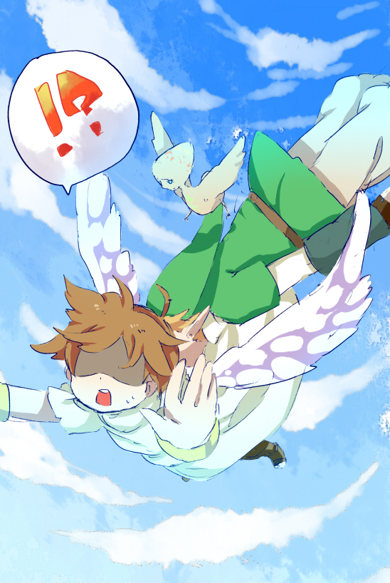 !? 2boys angel blonde_hair blue_sky bracelet brown_hair clouds commentary_request creature crossover day faceless faceless_male falling feathered_wings flying green_headwear green_shirt hat jewelry kid_icarus link male_focus midair multiple_boys ooccoo open_mouth outdoors outstretched_arms pants partial_commentary pit_(kid_icarus) pointy_ears shirt short_hair short_sleeves sky speech_bubble spoken_interrobang surprised sweat the_legend_of_zelda the_legend_of_zelda:_twilight_princess ukata white_wings wings