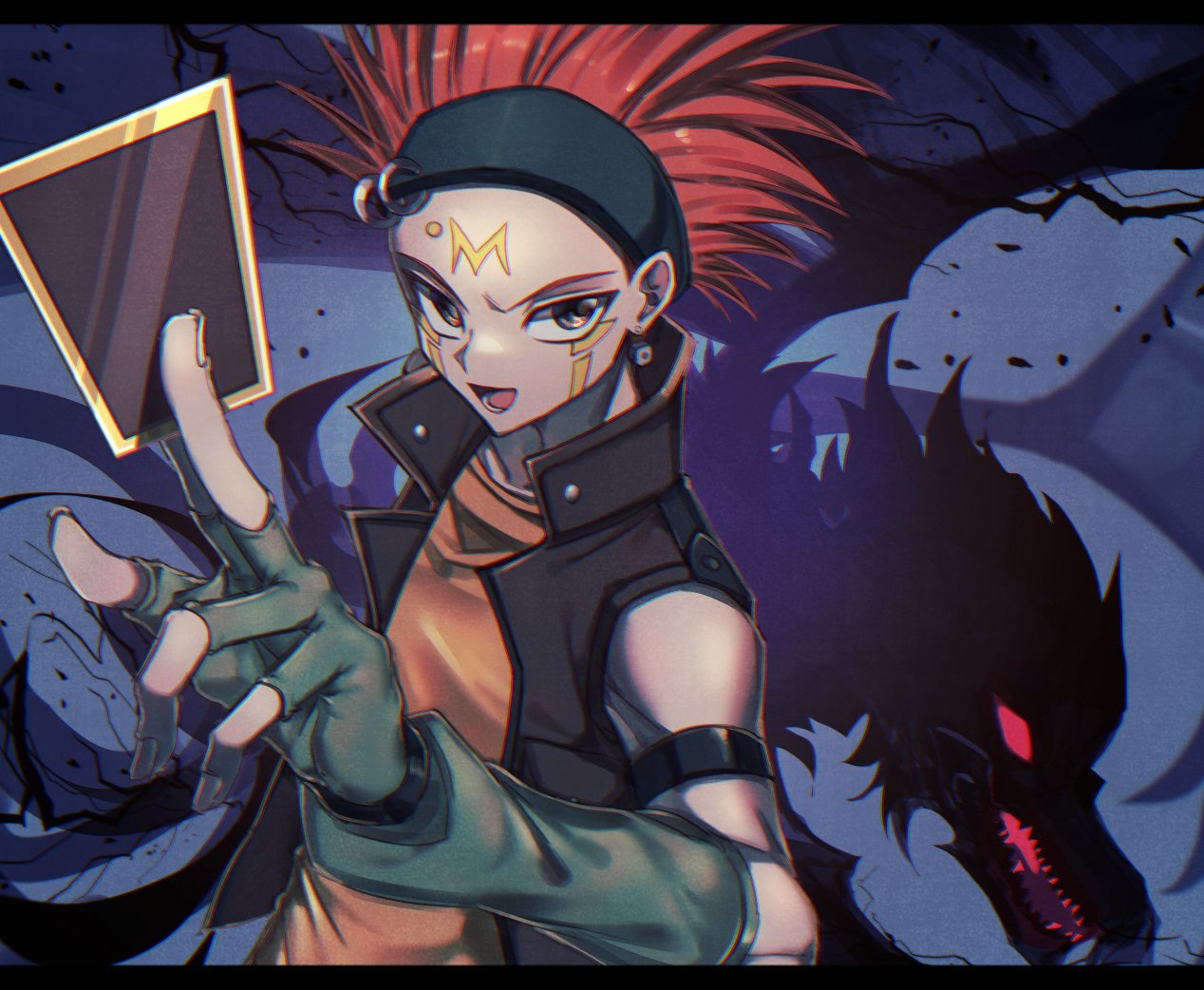 1boy armlet black-winged_dragon card crow_hogan dark_background duel_monster fingerless_gloves gloves glowing glowing_eyes hand_up headband holding holding_card jacket looking_at_viewer male_focus open_clothes open_jacket orange_hair orange_shirt shirt silhouette sleeveless sleeveless_jacket smile spiky_hair sunanogimo upper_body yu-gi-oh! yu-gi-oh!_5d's