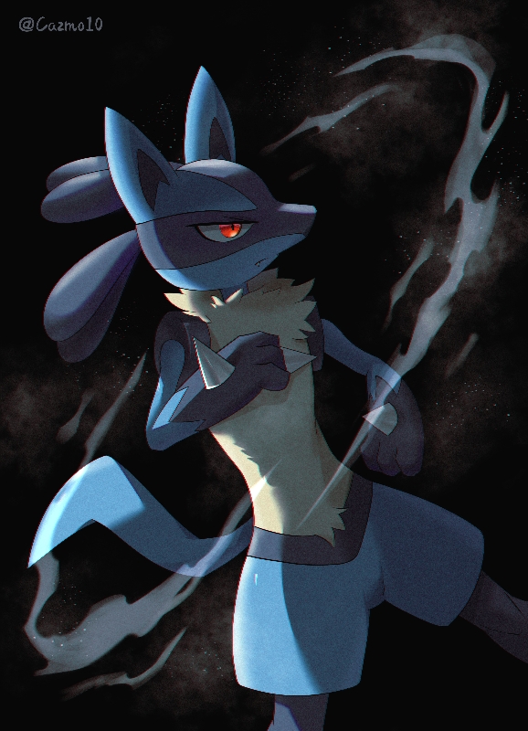 black_background cazmo closed_mouth commentary_request hand_up legs_apart lucario pokemon pokemon_(creature) red_eyes solo spikes watermark yellow_fur