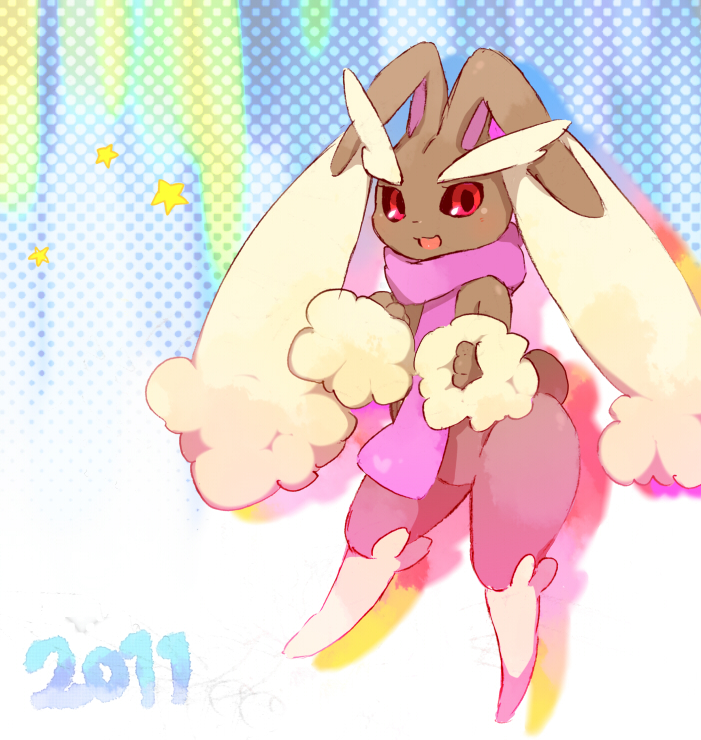 1girl :3 animal_ears black_sclera blue_background blush body_fur brown_fur clothed_pokemon colored_sclera commentary dated drop_shadow full_body furry furry_female hands_up happy light_blush looking_at_viewer lopunny open_mouth pink_scarf pokemon pokemon_(creature) rabbit_ears rabbit_girl rabbit_tail red_eyes scarf smile solo standing star_(symbol) tail two-tone_fur ukata yellow_fur