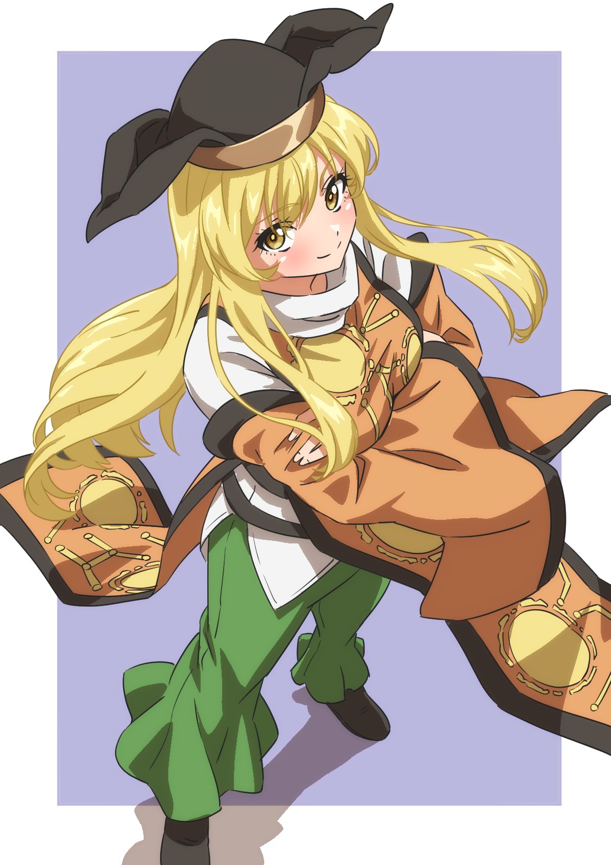 1girl black_footwear black_headwear blonde_hair blush closed_mouth constellation_print crossed_arms from_above full_body green_pants gyouza_(mhea5724) hat highres long_hair long_sleeves looking_at_viewer matara_okina pants shoes sidelocks smile solo standing tabard touhou wide_sleeves yellow_eyes