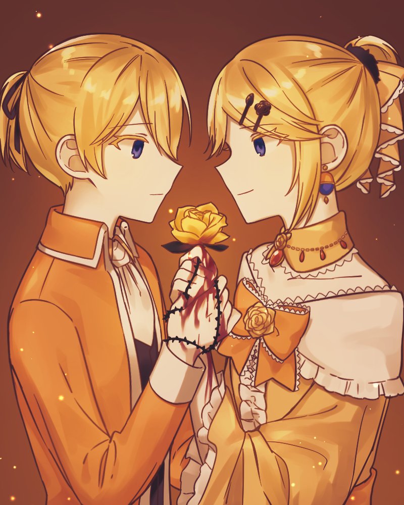 1boy 1girl aku_no_meshitsukai_(vocaloid) aku_no_musume_(vocaloid) allen_avadonia blonde_hair blood blue_eyes bow closed_mouth collared_shirt colored_eyelashes commentary_request detached_collar earrings flower holding holding_flower jewelry kagamine_len kagamine_rin korean_commentary lat1e long_sleeves multiple_hairpins orange_bow ponytail project_sekai riliane_lucifen_d'autriche shirt thorns upper_body vocaloid yellow_flower