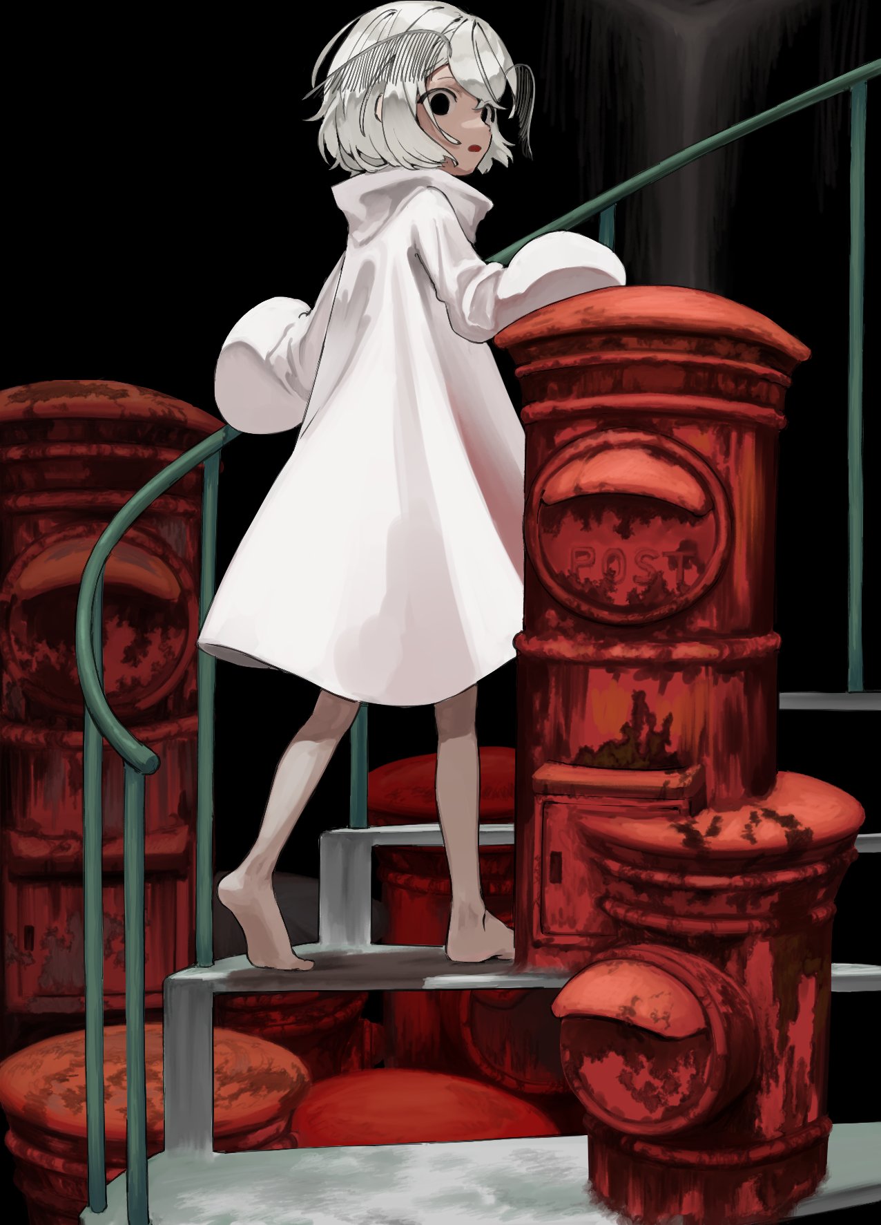 1other barefoot dark_background dress hair_between_eyes highres japanese_cylindrical_postbox long_sleeves looking_back medium_hair moth_antennae open_mouth original postbox_(outgoing_mail) puffy_long_sleeves puffy_sleeves railing solo stairs stairwell uni_no white_dress white_hair