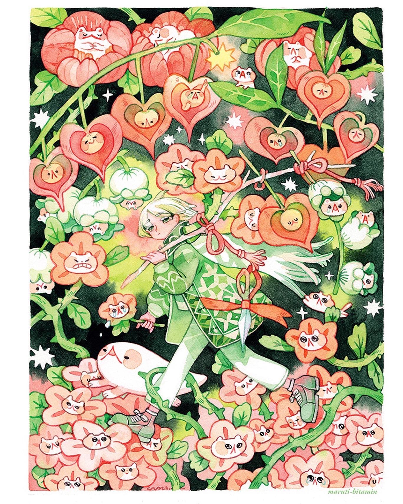 1boy :&lt; branch closed_mouth coat creature crying flower garden green_coat green_eyes green_pants green_scarf heart highres holding holding_branch holding_flower leaf light_green_hair long_sleeves maruti_bitamin original pants patterned_clothing plant puffy_long_sleeves puffy_sleeves red_ribbon ribbon scarf scissors sleeping surreal thorns walking