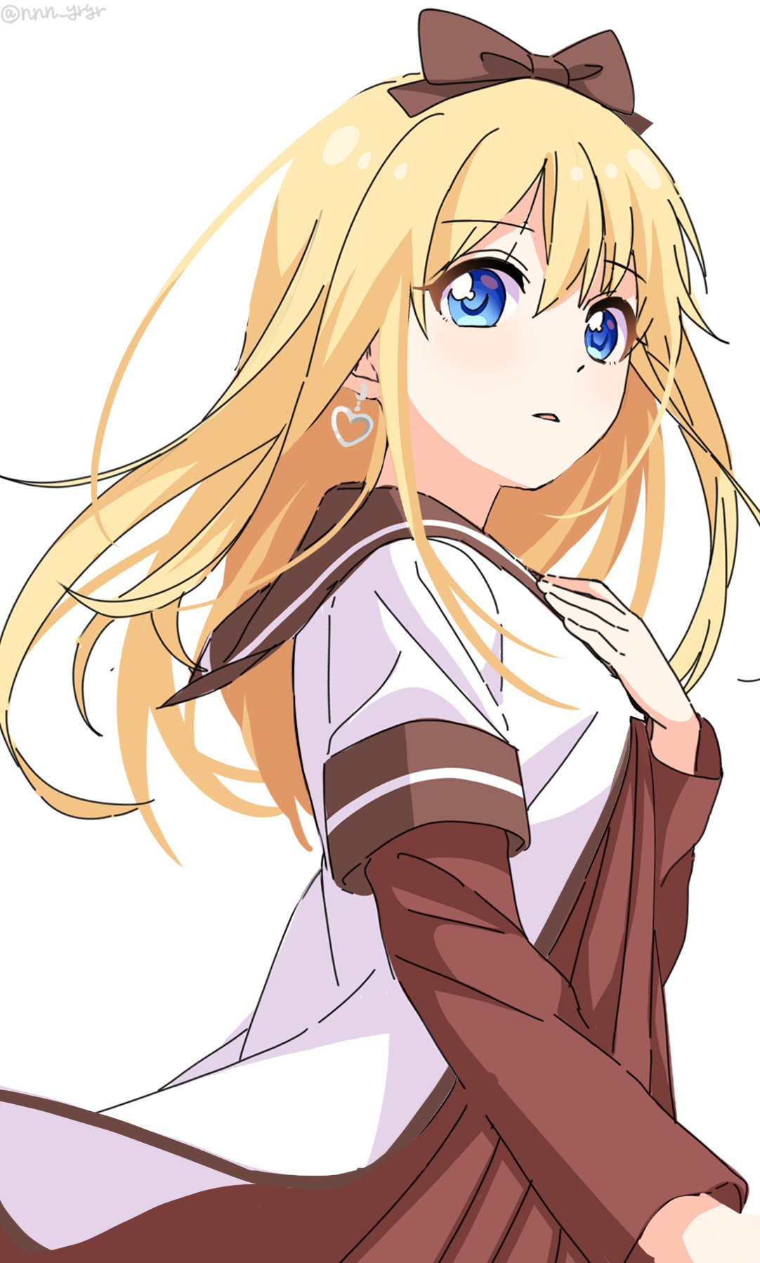 1girl blonde_hair blue_eyes bow brown_bow brown_sailor_collar commentary dress earrings hair_bow hand_on_own_chest heart heart_earrings highres jewelry layered_sleeves long_hair long_sleeves looking_at_viewer nanamori_school_uniform nnn_yryr open_mouth red_dress sailor_collar sailor_dress school_uniform shirt short_over_long_sleeves short_sleeves simple_background solo symbol-only_commentary toshinou_kyouko twitter_username white_background white_shirt yuru_yuri