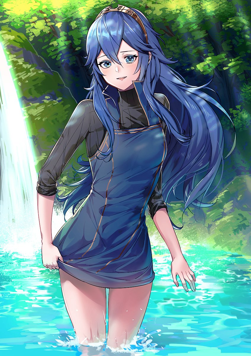 1girl ameno_(a_meno0) black_sweater blue_eyes blue_hair blush fire_emblem fire_emblem_awakening floating_hair hair_between_eyes highres long_hair looking_at_viewer lucina_(fire_emblem) outdoors partially_submerged ribbed_sweater smile solo sweater tiara turtleneck turtleneck_sweater water