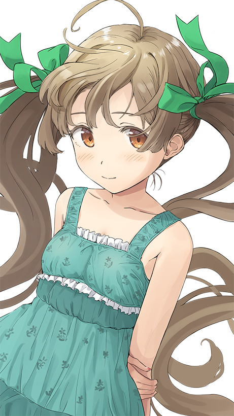 1girl ahoge arms_behind_back bare_shoulders blush bow brown_hair collarbone dress dutch_angle frilled_dress frills green_bow green_dress green_ribbon hair_bow hair_ribbon looking_at_viewer orange_eyes original print_dress ribbon sidelocks simple_background smile solo twintails white_background yoropa