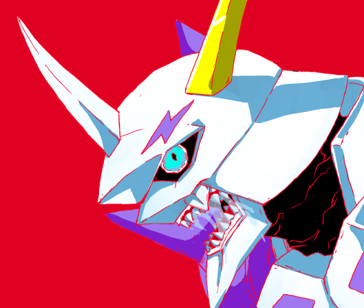 armor black_skin blue_eyes colored_lineart colored_skin digimon horn_ornament horns monochrome_background multiple_horns omegamon open_mouth purple_armor red_background saliva saliva_trail saliva_trail_between_teeth seevah shadow sharp_teeth simple_background teeth white_armor