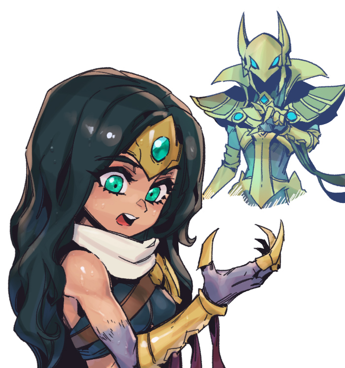 1boy 1girl armor azir bare_shoulders black_hair breasts colored_skin cropped_torso gold_armor green_eyes helm helmet league_of_legends long_hiar medium_breasts open_mouth phantom_ix_row scarf shiny_skin simple_background sivir teeth the_legend_of_zelda the_legend_of_zelda:_tears_of_the_kingdom upper_body upper_teeth_only white_background