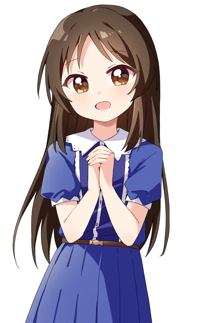 1girl :d blue_dress brown_eyes brown_hair child collared_dress commentary dress female_child haru_(konomi_150) highres idolmaster idolmaster_cinderella_girls long_hair looking_at_viewer open_mouth own_hands_together parted_bangs pleated_dress short_sleeves simple_background smile solo tachibana_arisu white_background