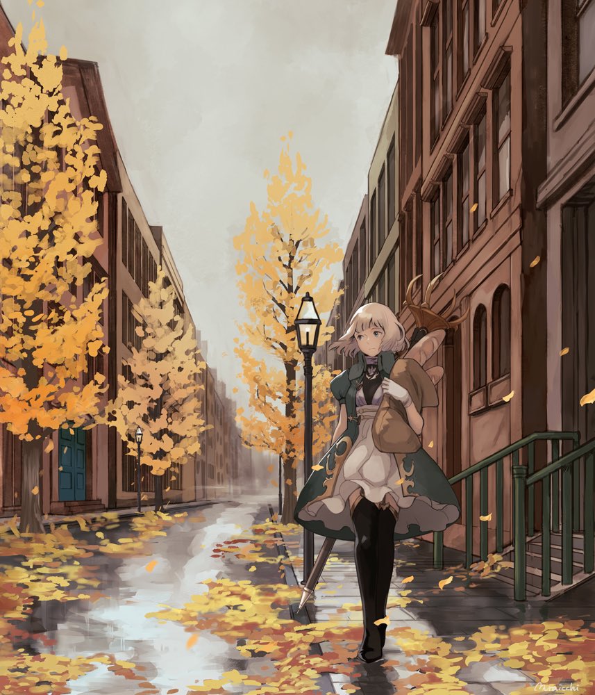 1girl arm_up autumn autumn_leaves bag baguette black_thighhighs bread building closed_mouth coat dress food frilled_dress frills full_body gloves green_coat grey_sky high_collar holding holding_bag lamppost looking_to_the_side medium_hair muraicchi_(momocchi) original outdoors paper_bag puddle puffy_short_sleeves puffy_sleeves road short_sleeves sky street thigh-highs tree walking weapon weapon_on_back white_dress white_gloves white_hair