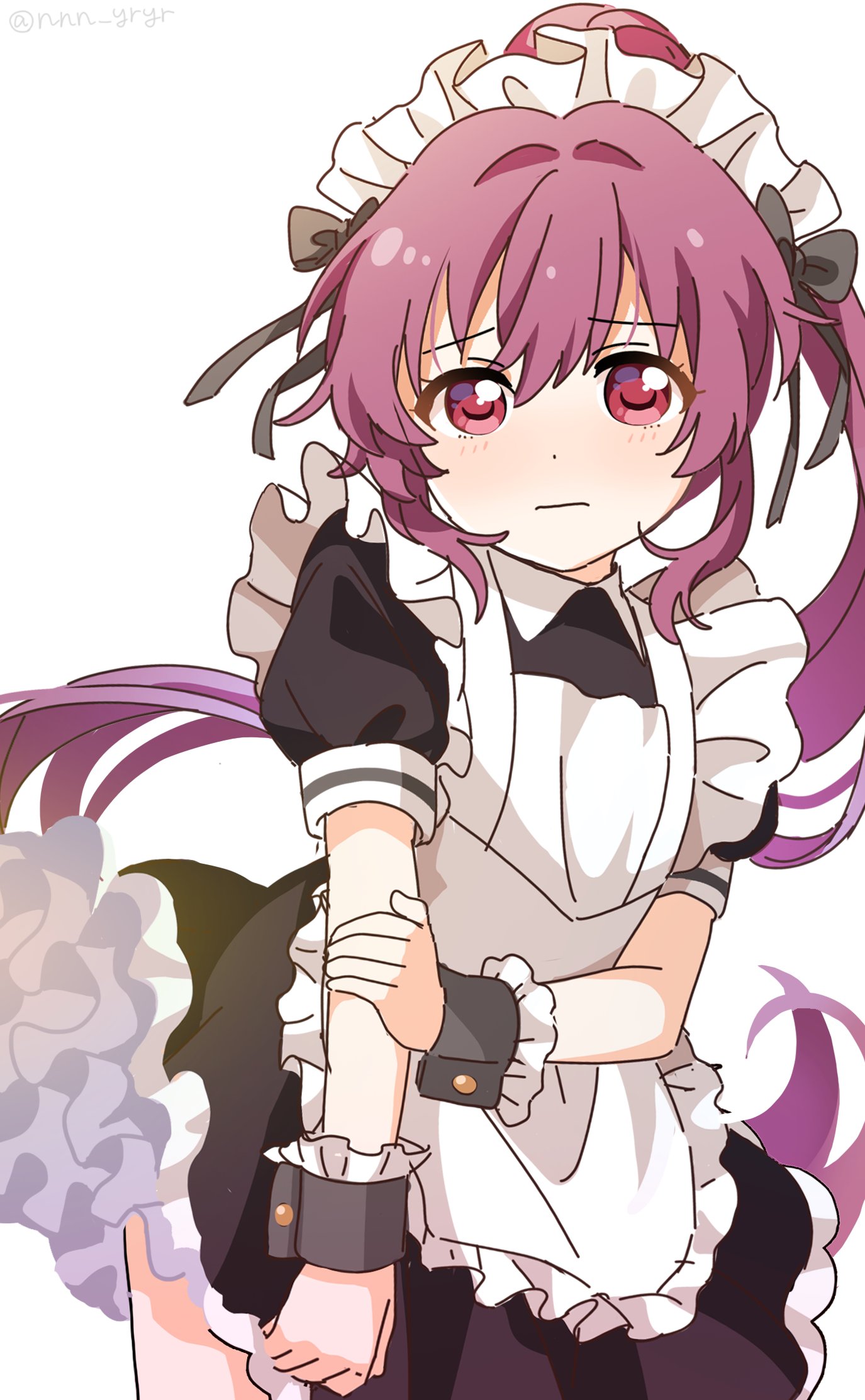 1girl alternate_costume apron black_dress black_ribbon blush closed_mouth collar collared_dress dress embarrassed enmaided frilled_apron frilled_dress frills hair_between_eyes hand_on_own_arm highres long_hair looking_at_viewer maid maid_apron maid_headdress nnn_yryr pink_eyes ponytail puffy_short_sleeves puffy_sleeves purple_hair ribbon short_sleeves simple_background solo standing sugiura_ayano twitter_username very_long_hair white_apron white_background white_collar wrist_cuffs yuru_yuri