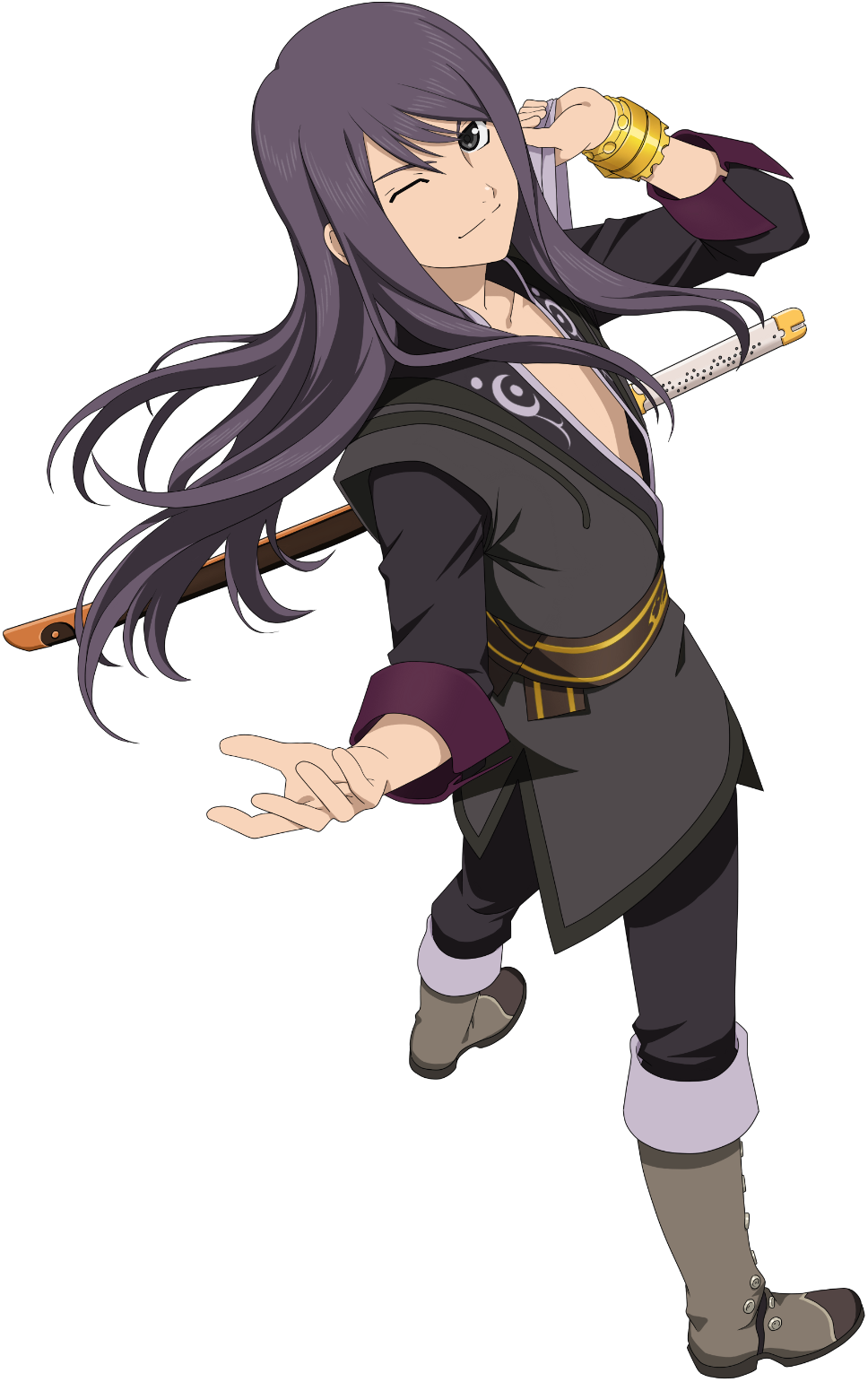 1boy ;) black_eyes boots english_commentary full_body highres jacket long_hair male_focus official_art one_eye_closed open_clothes open_jacket purple_hair sidelocks smile solo tales_of_(series) tales_of_asteria tales_of_vesperia transparent_background yuri_lowell