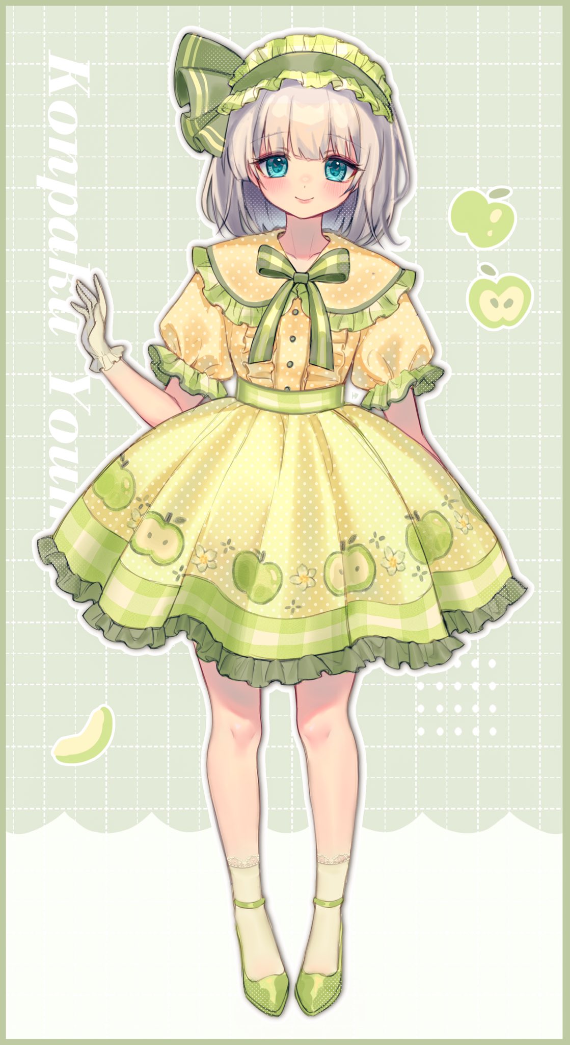 1girl apple blue_eyes blush buttons character_name closed_mouth food frilled_skirt frilled_sleeves frills fruit full_body gloves green_footwear green_hairband green_ribbon green_skirt grey_hair hair_ribbon hairband highres konpaku_youmu looking_at_viewer qiu_ju revision ribbon shirt shoes short_hair short_sleeves skirt smile socks solo straight-on touhou white_gloves white_socks yellow_shirt