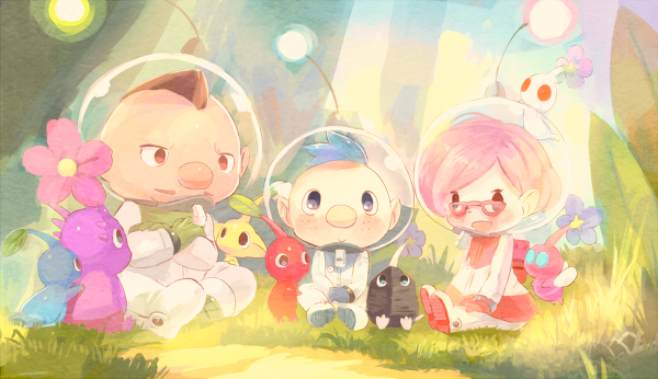 1girl 2boys alph_(pikmin) b_spa_gyoreva backpack bad_id bad_pixiv_id bag big_nose blue_eyes blue_gloves blue_hair blue_pikmin blush brittany_(pikmin) brown_eyes brown_hair charlie_(pikmin) crossed_arms dappled_sunlight facial_hair flower freckles glasses gloves grass green_gloves hand_on_another's_leg hands_on_lap helmet hiding hiding_behind_another leaf light_smile looking_at_another looking_at_viewer multiple_boys mustache open_mouth pikmin_(series) pink-framed_eyewear pink_bag pink_flower pink_gloves pink_hair pink_skirt purple_flower purple_pikmin radio_antenna red_pikmin rock_pikmin shady_eyes short_hair sitting skirt smile space_helmet spacesuit standing_on_another's_head sunlight third-party_source tiny whistle white_pikmin winged_pikmin yellow_pikmin