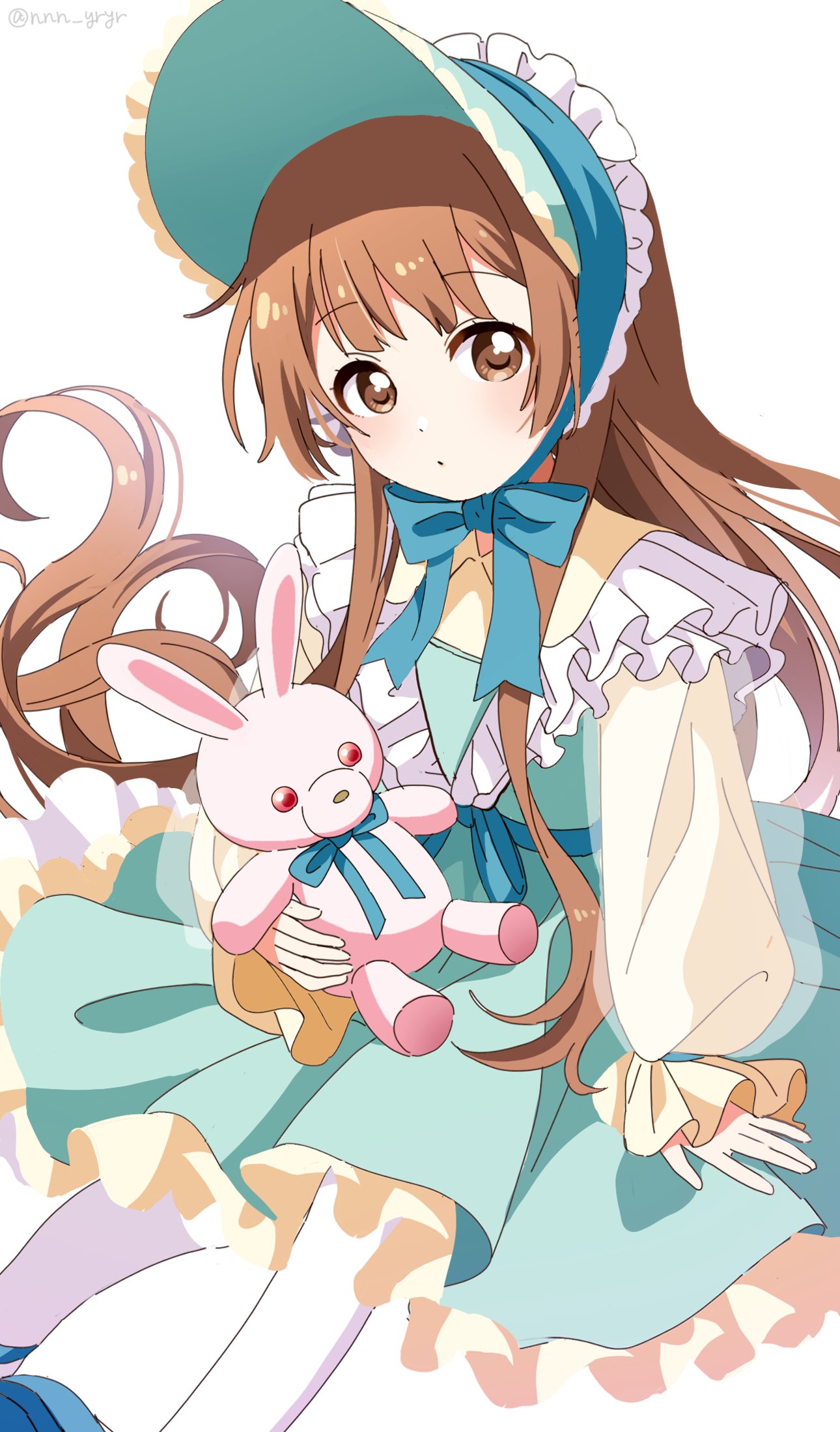 1girl alternate_costume blue_bow blue_dress blue_footwear blue_headwear blush bonnet bow brown_eyes brown_hair closed_mouth dot_nose dress frilled_dress frills highres holding holding_stuffed_toy long_hair long_sleeves looking_at_viewer nnn_yryr oomuro_hanako puffy_long_sleeves puffy_sleeves simple_background sitting solo stuffed_animal stuffed_rabbit stuffed_toy very_long_hair white_background yuru_yuri