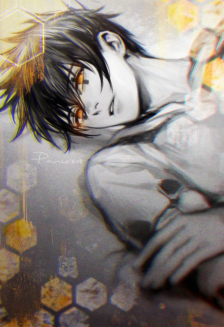 1boy black_hair blurry depth_of_field dokuga dorohedoro expressionless eye_tattoo highres honeycomb_(pattern) hood hoodie male_focus messy_hair panco parted_lips short_hair signature solo white_hoodie yellow_eyes