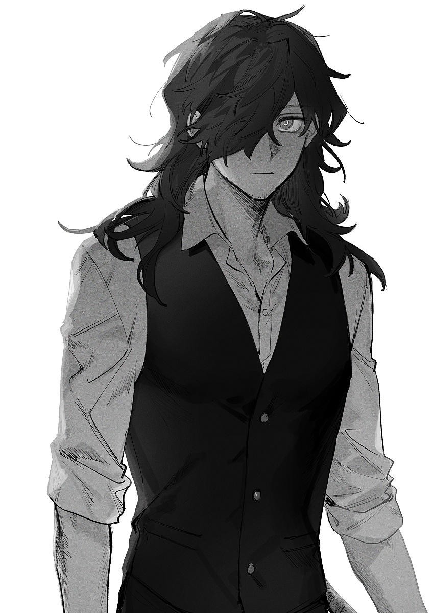 1boy arms_at_sides bright_pupils chago_(aruchagos7180) closed_mouth collared_shirt commentary dress_shirt facial_hair fate/grand_order fate_(series) formal greyscale hair_down hair_over_one_eye highres long_hair long_sleeves looking_at_viewer male_focus messy_hair monochrome okada_izou_(fate) one_eye_covered shirt simple_background sleeves_rolled_up solo stubble suit symbol-only_commentary upper_body vest