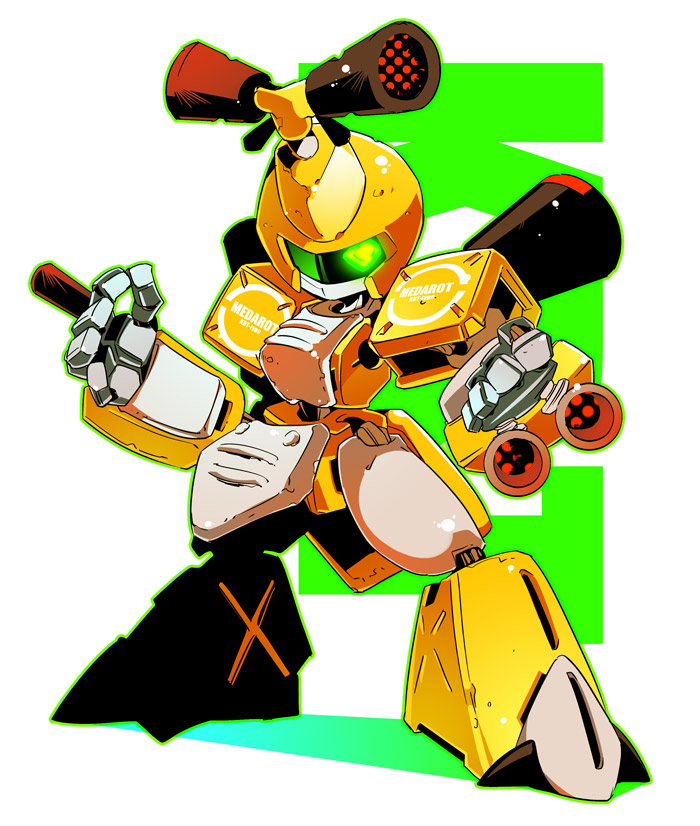 clenched_hand full_body glowing glowing_eyes green_eyes humanoid_robot mecha medarot metabee no_humans robot solo standing tetori white_background