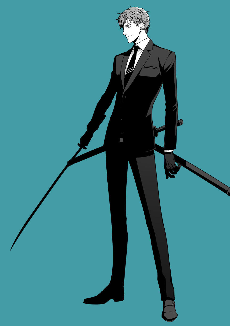 1boy black_gloves black_necktie black_pants black_suit blue_background collared_shirt fate/grand_order fate_(series) formal full_body gloves grey_hair highres holding holding_sword holding_weapon katana long_sleeves male_focus necktie pants profile saitou_hajime_(fate) sheath sheathed shima108 shirt short_hair simple_background solo suit sword weapon white_shirt