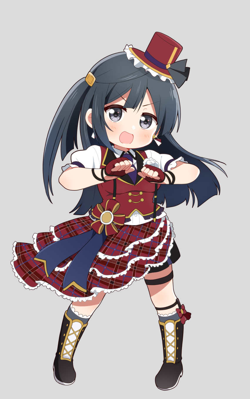 1girl black_hair blush boots chase!_(love_live!) chibi commentary earrings fingerless_gloves full_body gloves grey_background grey_eyes hair_ornament hairpin hat highres jewelry long_hair looking_at_viewer love_live! love_live!_nijigasaki_high_school_idol_club mezashi_(mezamashi_set) one_side_up red_gloves sidelocks solo suspenders swept_bangs yuuki_setsuna_(love_live!)