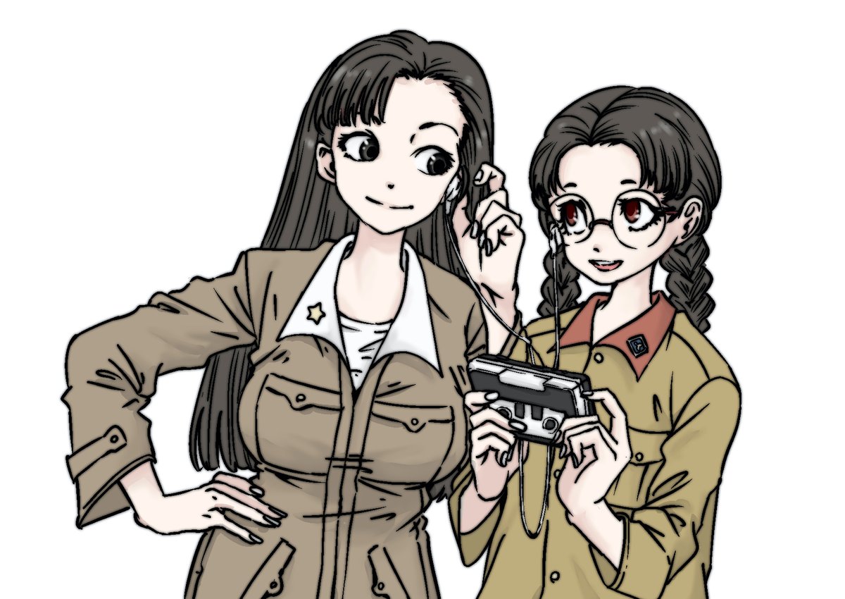 2girls asymmetrical_bangs black_hair braid breasts brown_eyes brown_jacket cassette_player cassette_tape chi-hatan_military_uniform collar collared_jacket earphones emblem flat_chest fukuda_haru girls_und_panzer hand_on_own_hip jacket large_breasts listening_to_music long_hair long_sleeves looking_at_another loose_clothes multiple_girls nishi_kinuyo parted_bangs red_collar round_eyewear shared_earphones simple_background skrmtl smile twin_braids white_background white_collar