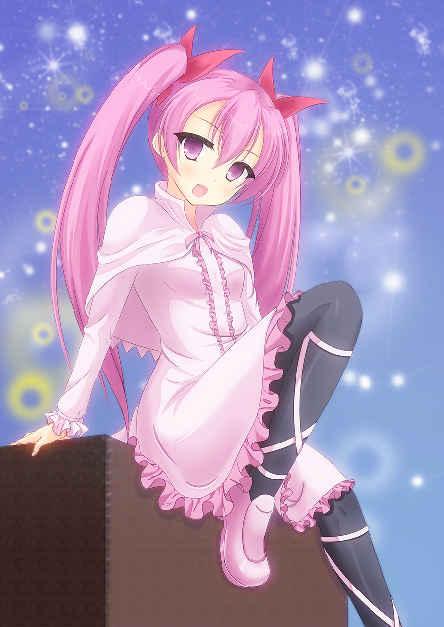 1girl :d akame_ga_kill! arm_support black_pantyhose blue_background blush boots breasts capelet center_frills commentary_request dress eyelashes feet_out_of_frame frilled_dress frilled_sleeves frills hair_between_eyes hair_ribbon highres hirocchi knee_up leg_ribbon long_hair long_sleeves looking_at_viewer mine_(akame_ga_kill!) open_mouth pantyhose parted_bangs pink_capelet pink_dress pink_footwear pink_hair pink_ribbon red_ribbon ribbon simple_background sitting small_breasts smile solo twintails violet_eyes