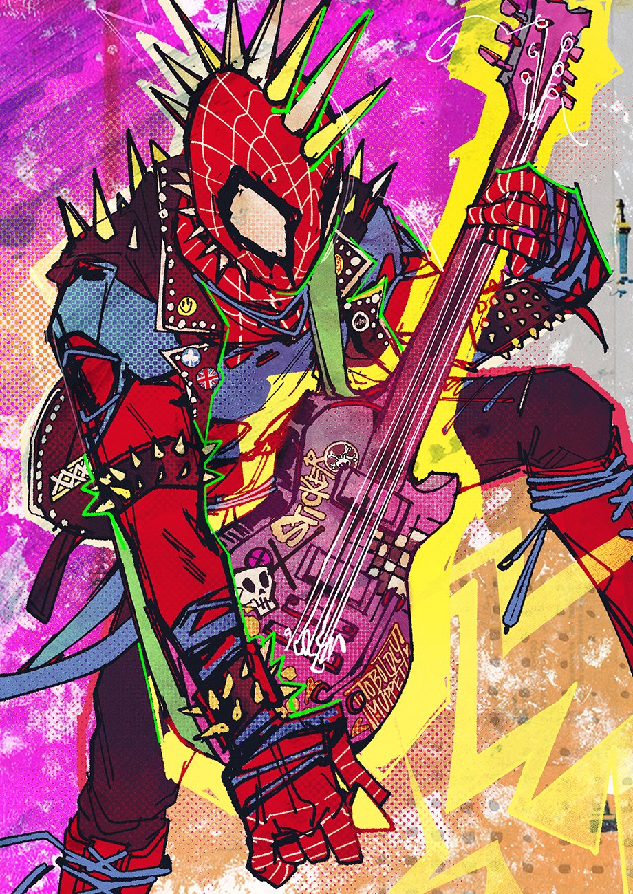 1boy black_pants black_vest blue_shirt boots bracelet guitar highres holding holding_plectrum instrument jewelry looking_down male_focus marvel mask music pants playing_instrument plectrum red_footwear shirt solo spider-man:_across_the_spider-verse spider-man_(series) spider-punk spiked_bracelet spikes superhero toboldlymuppet torn_clothes torn_shirt union_jack vest