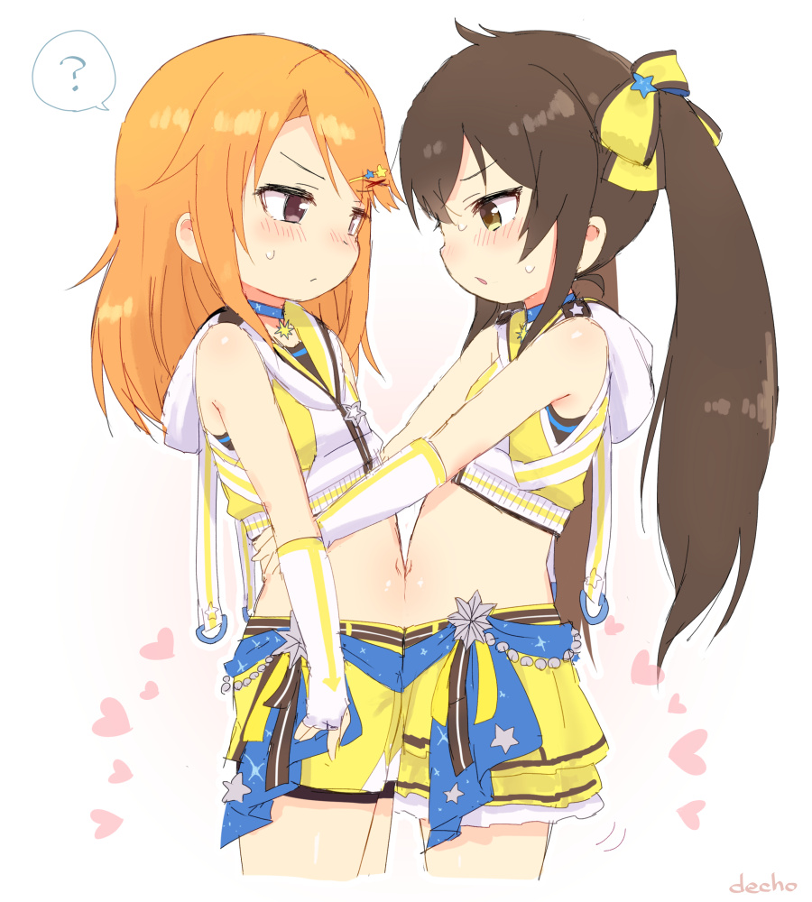 2girls ? ahoge beat_shooter_(idolmaster) black_hair brown_eyes choker hair_between_eyes hair_ornament hairclip idolmaster idolmaster_cinderella_girls koeda_(koeda1kg) long_hair matoba_risa medium_hair multiple_girls navel orange_hair simple_background skirt spoken_question_mark twintails white_background yellow_eyes yuuki_haru