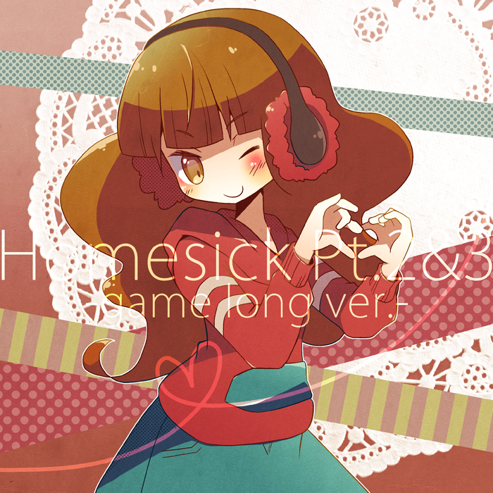 blunt_bangs brown_eyes brown_hair chaki_(chakan) earmuffs english_commentary green_skirt heart heart_hands hood hood_down hoodie long_hair one_eye_closed pop'n_music red_hoodie rie-chan skirt smile song_name wavy_hair