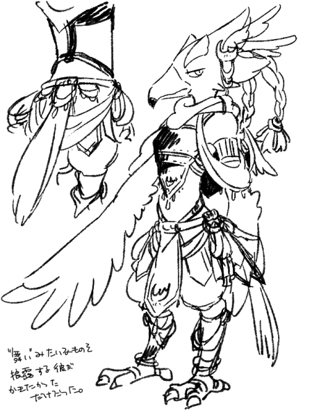 1boy animal_feet arm_behind_back armor beak bird_boy bird_tail body_fur braid breastplate claws closed_mouth commentary_request from_behind full_body furry furry_male greyscale hair_tie leg_warmers looking_back looking_to_the_side male_focus medium_hair monochrome multiple_views partial_commentary profile quad_tails revali rito scarf sketch solo standing tabard tail the_legend_of_zelda the_legend_of_zelda:_breath_of_the_wild translation_request ukata winged_arms wings
