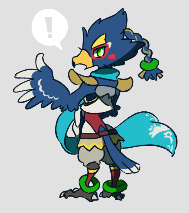 ! 1boy animal_feet anklet beak bird_boy bird_tail blue_fur blue_hair blue_scarf blush_stickers body_fur braid braided_ponytail chibi claws commentary_request from_behind full_body furry furry_male green_eyes grey_background grey_fur hand_up jewelry leg_warmers looking_at_viewer looking_back male_focus medium_hair multicolored_fur open_mouth partial_commentary revali rito scarf shoulder_pads simple_background sketch solo speech_bubble spoken_exclamation_mark standing tail the_legend_of_zelda the_legend_of_zelda:_breath_of_the_wild ukata white_fur winged_arms wings