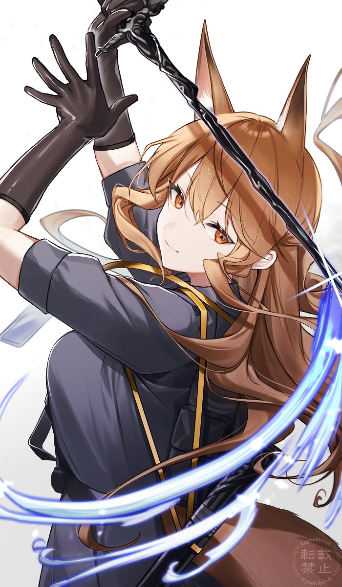 1girl animal_ear_fluff animal_ears arknights arms_up belt black_gloves blue_shirt blue_skirt breasts brown_eyes brown_hair commentary fox_ears fox_girl fox_tail franka_(arknights) geta_(epicure_no12) gloves highres holding holding_sword holding_weapon large_breasts long_hair looking_at_viewer looking_back rapier shirt sidelocks simple_background skirt sleeves_rolled_up smile solo sword tail weapon white_background