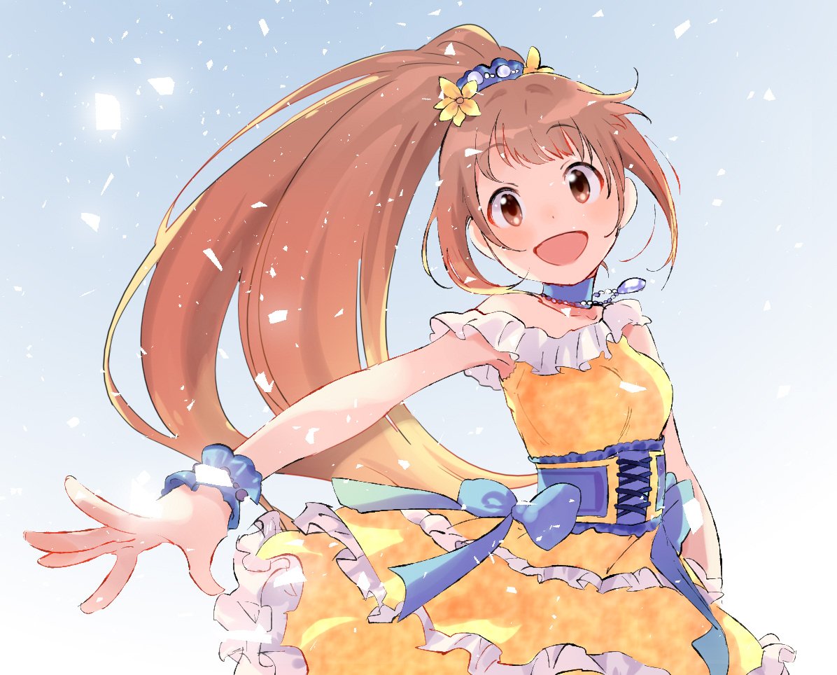 1girl armpits bare_shoulders blue_background blue_bow blue_choker blue_ribbon blue_scrunchie blush bow breasts brown_eyes brown_hair choker corset dot_nose dress flower frilled_dress frills gradient_background hair_bow hair_flower hair_ornament idolmaster idolmaster_cinderella_girls idolmaster_cinderella_girls_starlight_stage jewelry layered_dress long_hair looking_at_viewer medium_breasts necklace open_mouth outstretched_arm ponytail ribbon scrunchie sleeveless sleeveless_dress smile solo very_long_hair wakabayashi_tomoka wrist_scrunchie yellow_dress yellow_flower yumesaki_nana