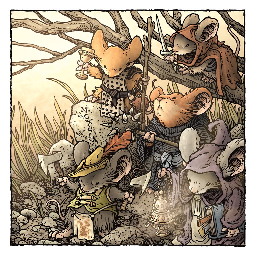 artist_request axe bare_tree black_eyes book bookmark border brown_fur closed_mouth commentary english_commentary full_body grass grey_fur hat_feather holding holding_axe holding_book holding_goblet holding_mace holding_stick holding_sword holding_weapon humanization long_sleeves mouse mouseguard_(comic) no_humans outdoors rock sleeveless solid_circle_eyes stick sword tree weapon western_comics_(style) white_border wide_sleeves yellow_headwear