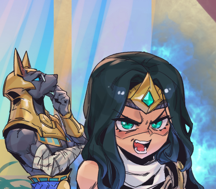 1boy 1girl angry armor bandaged_arm bandages bare_shoulders bespectacled black_hair blue_background dark_skin fang fire flame furry furry_male gem glasses gold_armor green_eyes hair_ornament hand_up league_of_legends long_hair looking_up muscular muscular_male nasus phantom_ix_row sivir teeth thinking tongue