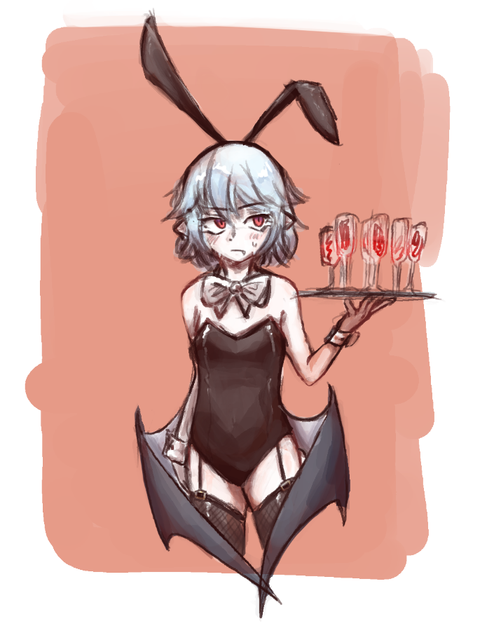 1girl animal_ears bat_wings black_leotard blue_hair blush breasts closed_mouth cropped_legs fake_animal_ears holding holding_plate leotard looking_to_the_side plate playboy_bunny red_eyes remilia_scarlet short_hair slit_pupils solo ssukuleiber strapless strapless_leotard touhou wings
