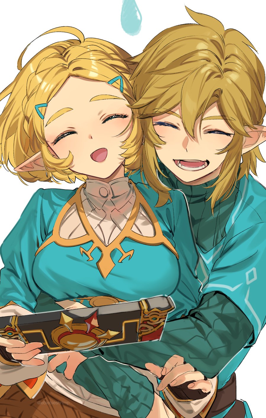 1boy 1girl ahoge black_gloves blonde_hair blush braid brown_hair closed_eyes crown_braid fingerless_gloves gloves hair_ornament highres holding hug hug_from_behind jewelry link open_mouth parted_bangs pointy_ears princess_zelda short_hair shuri_(84k) smile the_legend_of_zelda the_legend_of_zelda:_tears_of_the_kingdom thick_eyebrows white_background