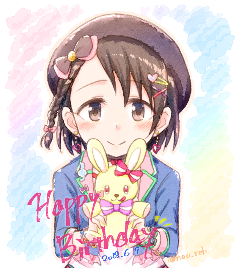 1girl beret black_hair black_headwear blue_jacket blush bracelet braid brown_eyes dated earrings hair_ornament hairclip happy_birthday hat heart heart_earrings holding holding_stuffed_toy idolmaster idolmaster_cinderella_girls idolmaster_cinderella_girls_starlight_stage jacket jewelry looking_at_viewer naoharu_(re_barna) open_clothes open_jacket sasaki_chie short_hair side_braid smile solo stuffed_animal stuffed_rabbit stuffed_toy upper_body x_hair_ornament